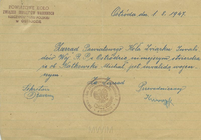 KKE 5544.jpg - Dok. Potwierdzenie przez Zarząd Powiatowego Związku Inwalidów inwalidztwa wojennego dla Michała Katkowskiego, Ostróda, 1 VIII 1947 r.